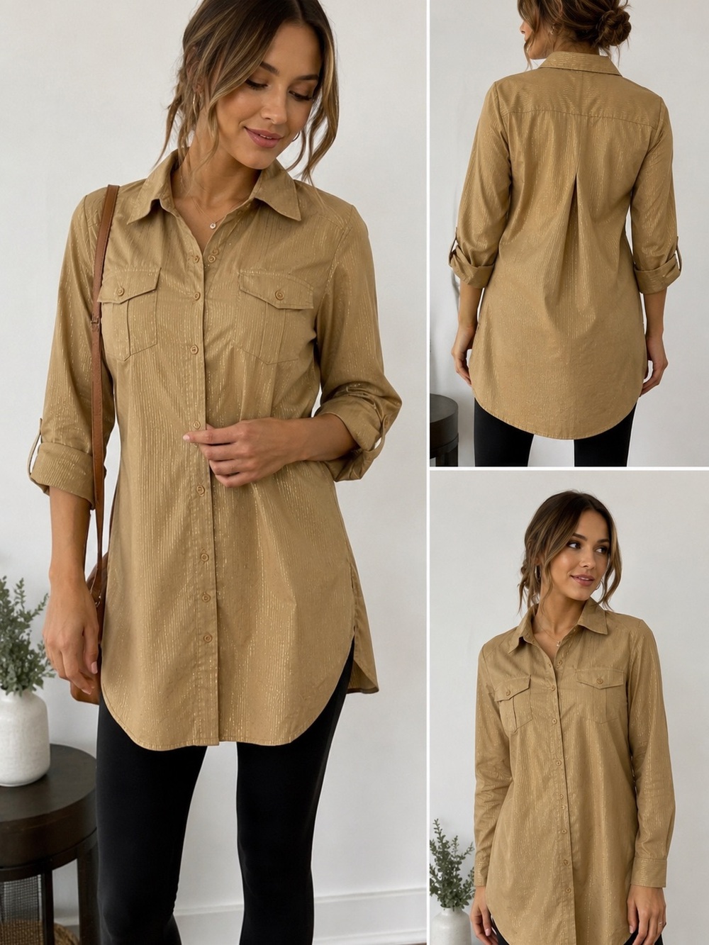 New York & Company Tan Button-Front Tunic Shirt